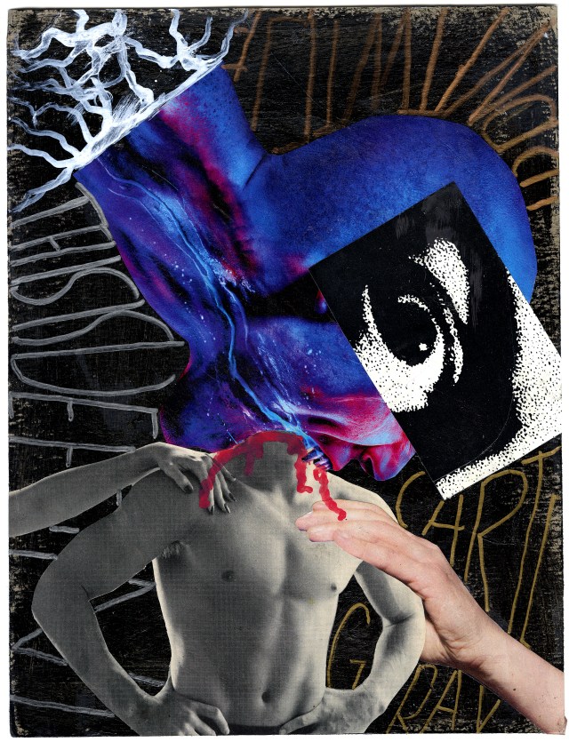 Collage of a man being eaten by a monster