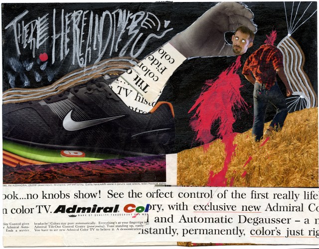 Collage of a giant sneaker ripping the head off of a jerk